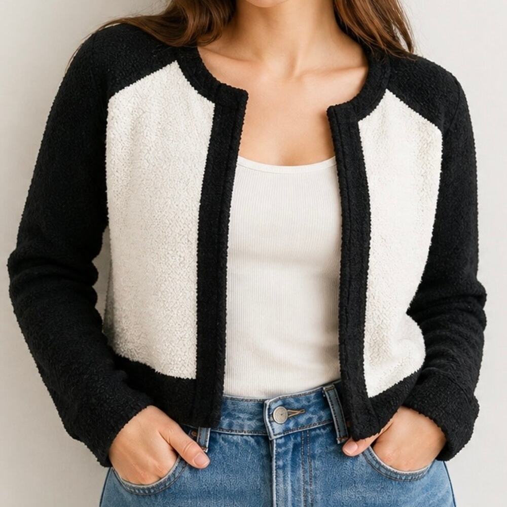 J. CREW | Off White Black Jacket Boucle Open Front Colorblock Textured‎ | Medium